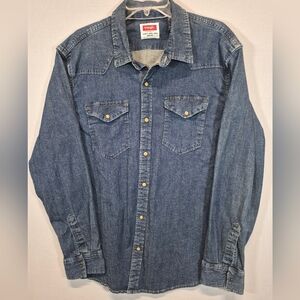 Wrangler Men’s XL Denim Pearl Snap Western Shirt Blue Button Down Double Pocket
